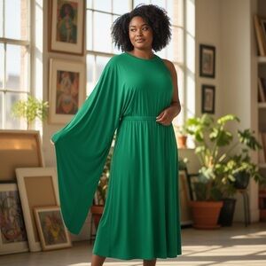 NWT Eloquii Emerald Green One-Shoulder Cape Sleeve Jersey Knit Midi Dress 26/28